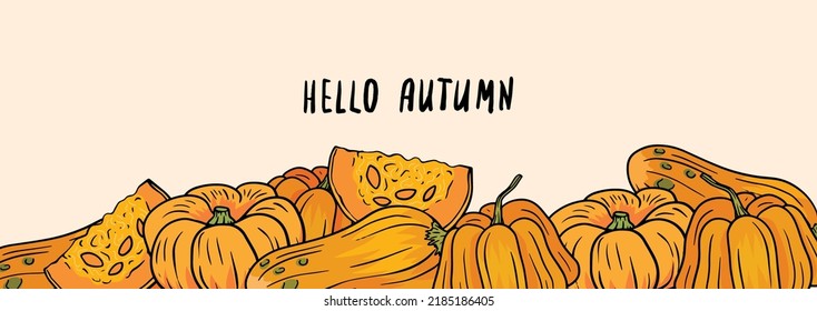 Autumn banner design with different pumpkins. Template with seasonal vegetables on beige background. Hello Autumn brush lettering