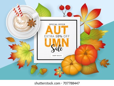 Autumn banner design with fall  leaves, pumpkin and pumpkin latte cup. Sale concept. Vector illustration
