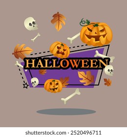 Autumn banner design with Halloween lettering. Pumpkin lanterns, skull and bones on background. Typed text, calligraphy. Holiday, celebration concept. Vector illustration for invitation or poster