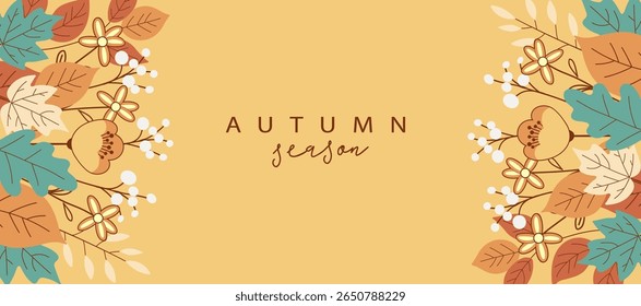 Autumn banner design in minimalist style. Hand drawn flat autumn leaves, flowers and plants. Bright illustration on plain background