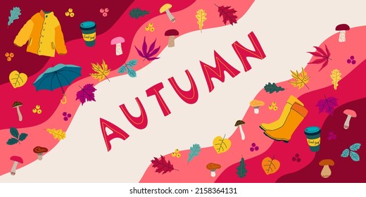 Autumn banner design, sale offer with leaves, leaf, umbrella, boots and other. Doodle cute colorful illustration.