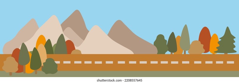 Autumn banner empty place. Yellow autumn forest and mountains. Beautiful road and nature, good time for travel adventure.