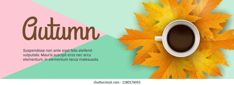 Autumn banner. Fall background. Cup of black hot coffee. Bright yellow maple leaves. Coffee break. Abstract nature concept. Vector design illustration.