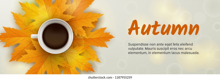 Autumn banner. Fall background. Cup of black hot coffee. Bright yellow maple leaves. Coffee break. Abstract nature concept. Vector design illustration.