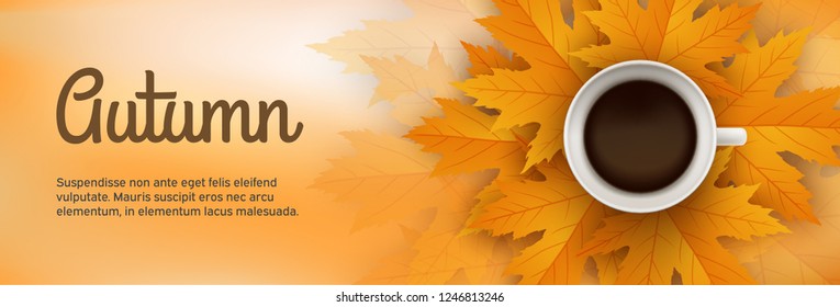 Autumn banner. Fall background. Cup of black hot coffee. Bright red maple leaves. Coffee break. Abstract nature concept. Vector design illustration.