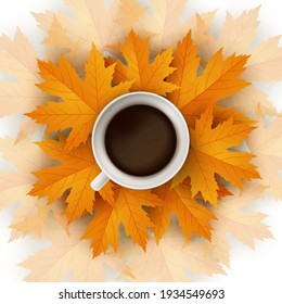 Autumn banner. Fall background. Cup of black hot coffee. Bright red maple leaves. Coffee break. Abstract nature concept. Vector design illustration.