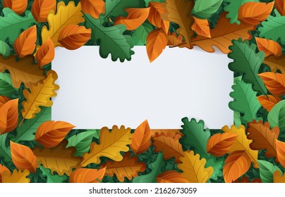 Autumn banner with fall foliage. Vector cartoon poster with blank white copy scape and frame of yellow, orange and green leaves. Template of Thanksgiving card, season sale flyer