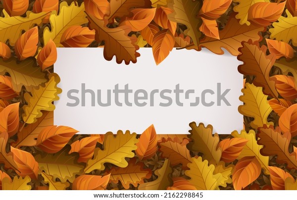 Autumn banner\
with fall foliage. Vector cartoon poster with blank white copy\
scape and frame of yellow, orange and brown leaves. Template of\
Thanksgiving card, season sale\
flyer