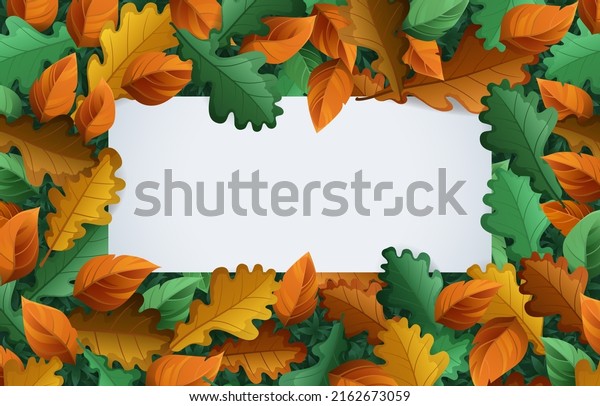 Autumn banner\
with fall foliage. Vector cartoon poster with blank white copy\
scape and frame of yellow, orange and green leaves. Template of\
Thanksgiving card, season sale\
flyer