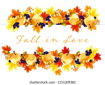 Autumn banner of Fall in Love text decorated with apples, autumn maple leaves, acorns and berry branches on a white background. Vector illustration.