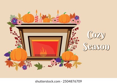 Autumn banner with a fireplace decorated with autumn gifts of nature, pumpkin, autumn leaves, flowers and berries. Abstract still life of a cozy season at home near the fireplace.