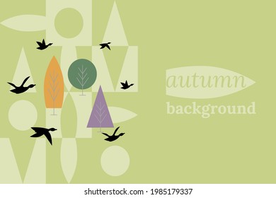 Autumn banner. Floral pattern, trees, flock of flying birds. Vector illustration for label design, advertising, presentations in pastel colors