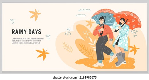 Autumn banner or flyer with couple in the rain with umbrellas, flat cartoon vector illustration isolated on white background. Autumn seasonal events and sores sales banner backdrop.