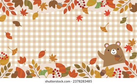 Fondo del marco de la pancarta de otoño con cheques de gingham marrón claro, osos de peluche bonitos y hojas caídas