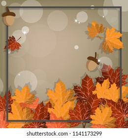 Autumn banner of a frame with autumn maple leaves with acorns and your copy space on a brown background. Vector illustration.