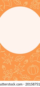 Autumn banner frame template. Line drawing illustration of plants and nature. Orange color version. 1:2 Vertical Position.