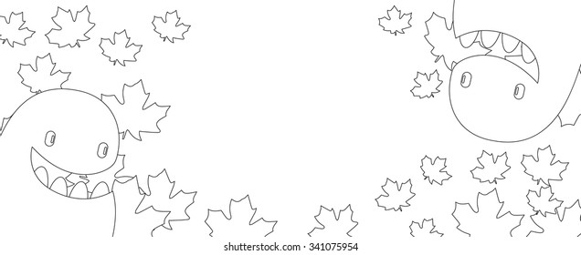 autumn banner with funny monster - coloring book