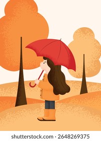 Autumn banner with a girl under a red umbrella, trees and landscape in warm cozy vector style