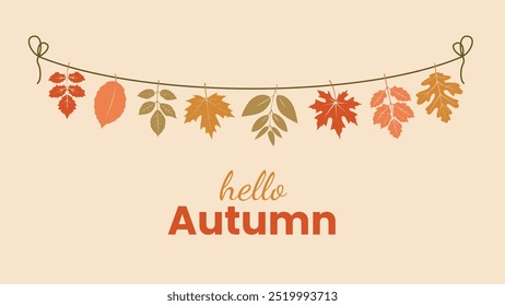 Autumn banner. Hand drawn illustration with autumn leaves hanging on a string. Isolated objects on beige background. Flat style design. Concept for seasonal banner, poster, card