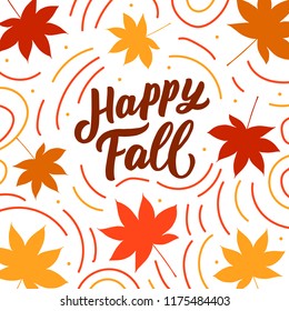 Autumn Banner With Hand Drawn Lettering Happy Fall And Leaves. 