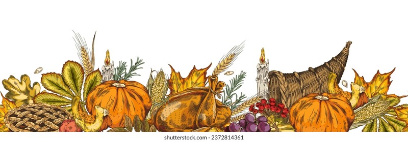 Autumn banner, hand drawn vector illustration, seamless border on white background. Leaves, pumpkin, turkey, and food on background for Thanksgiving Day. Nature elements drawing in colored engraving.