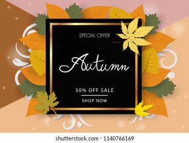 Autumn Banner with hand writing text and leaf sale.banners.Wallpaper.beautiful, invitation, posters, brochure, discount.paper art and craft style