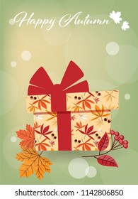 Autumn banner of Happy Autumn text with red ribbon gift box decorated with colorful fall leaves, maple leaves and berry branch on light green background. Vector illustration. 