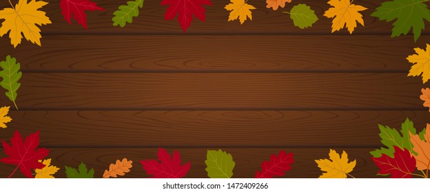 Autumn Banner Header Background on Wood Plank Textured Decorate with Maple Leaves Objects and Copy Space for Text