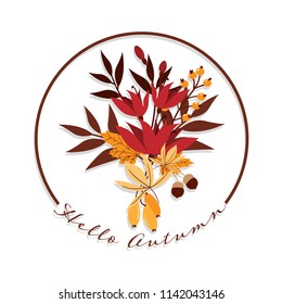 Autumn banner of Hello Autumn text with red flower, berry branches, acorns and autumn leaves on white background. Vector illustration.
