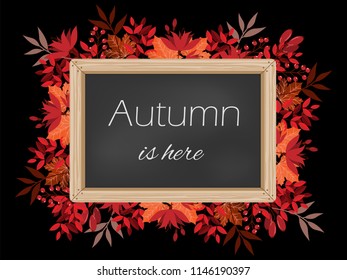 Autumn banner of Autumn is here text on chalkboard decoration with yellow maple leaves, red flowers and berry branches on black background. Vector illustration.