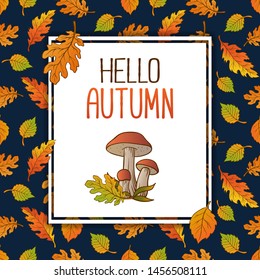 Autumn banner with the inscription Hello autumn on the yellow leaves seamless background. Autumn vector illustration.