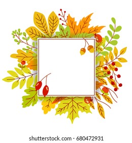 Autumn banner with leaves and berries on white background. Simple cartoon flat style, vector ?olorful background for greeting card, invitation, flyer, poster. 