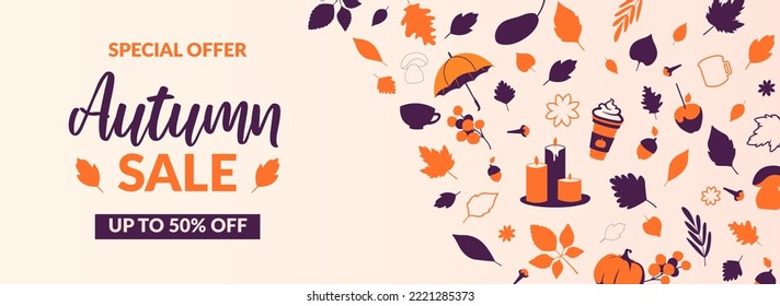 Autumn banner with leaves and Sale text.