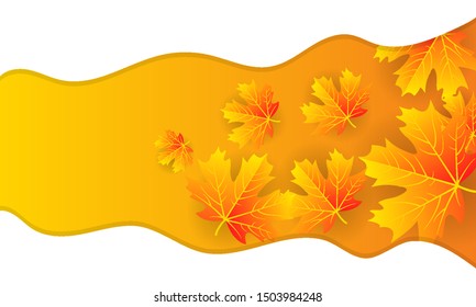 Autumn banner with leaves and white wavy lines, vector art illustration.