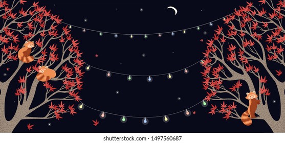 Autumn banner with maples and red pandas. Vector graphics.