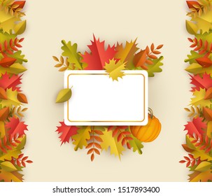 Autumn banner with multi colored tree leaves and ripe pumpkins around white paper with copy space and on borders of poster - seasonal isolated cartoon vector illustration.