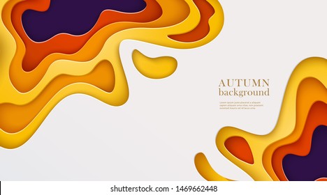 Autumn banner with multi layered shapes in paper cut style. Yellow, orange, red, ultraviolet, white color palette. The effect of 3D in papercraft art. Vector