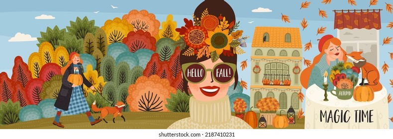 Autumn banner with peopel and nature. Hand drawn graphic arts and textures. Vector design template.