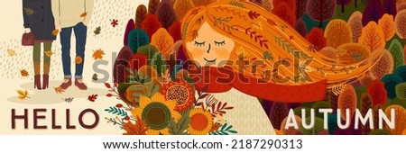 Autumn banner with peopel and nature. Hand drawn graphic arts and textures. Vector design template.