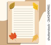 An autumn banner, a piece of paper, and a notebook page are decorated with autumn leaves on a beige background.