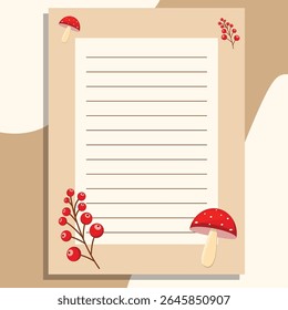 Uma faixa de outono, um pedaço de papel e uma página de caderno são decorados com ramos de cinzas de montanha e cogumelos em um fundo bege.