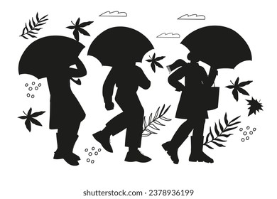 Autumn banner or poster backdrop with people with umbrellas black silhouette surrounded with autumn leaves. Banner with men and women walking in the rain, isolated flat vector illustration.