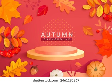 Autumn banner with promotion 3d podium among colorful fall leaves,rowanberries,acorns,pumpkins for display new products.Round pedestale for seasonal offers,promo,presentation,shopping template.Vector