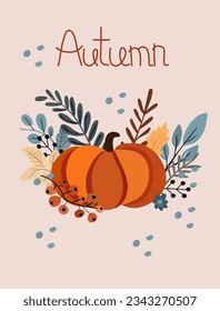 Autumn banner with pumpkin composition with colorful leaves, red berry. Perfect for web, banner, card and Thanksgiving. Vector illustration