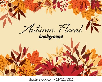 Autumn banner of red flower with maple leaves, berry branches, acorns and frame for your copy space on a light background. Vector illustration.