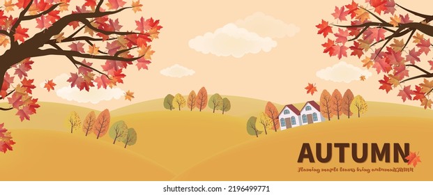 Autumn banner with red maples and hillside hut
