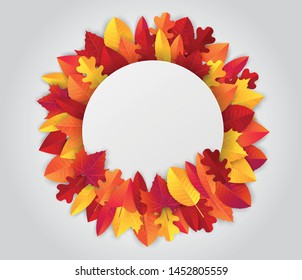 Autumn banner with red and orange leaves wreath. Free empty space for text. Advertisement promo. Vector illustration.