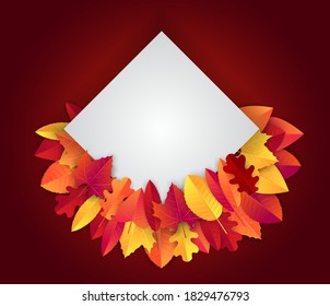 Autumn banner with red and orange leaves wreath. Fall sale promo design. Advertisement template. Vector illustration.