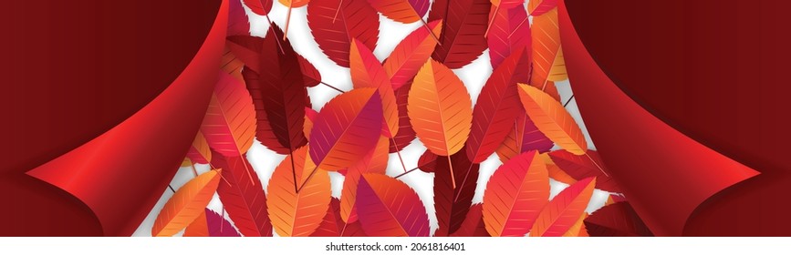 Autumn banner with red and orange leaves. Fall season. Free empty space for text. Advertisement promo. Realistic vector illustration.
