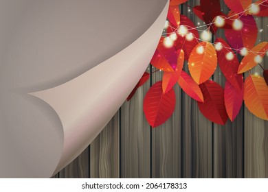 Autumn banner with red and orange leaves on wooden background. Free empty space for text. Advertisement promo. Realistic vector illustration.